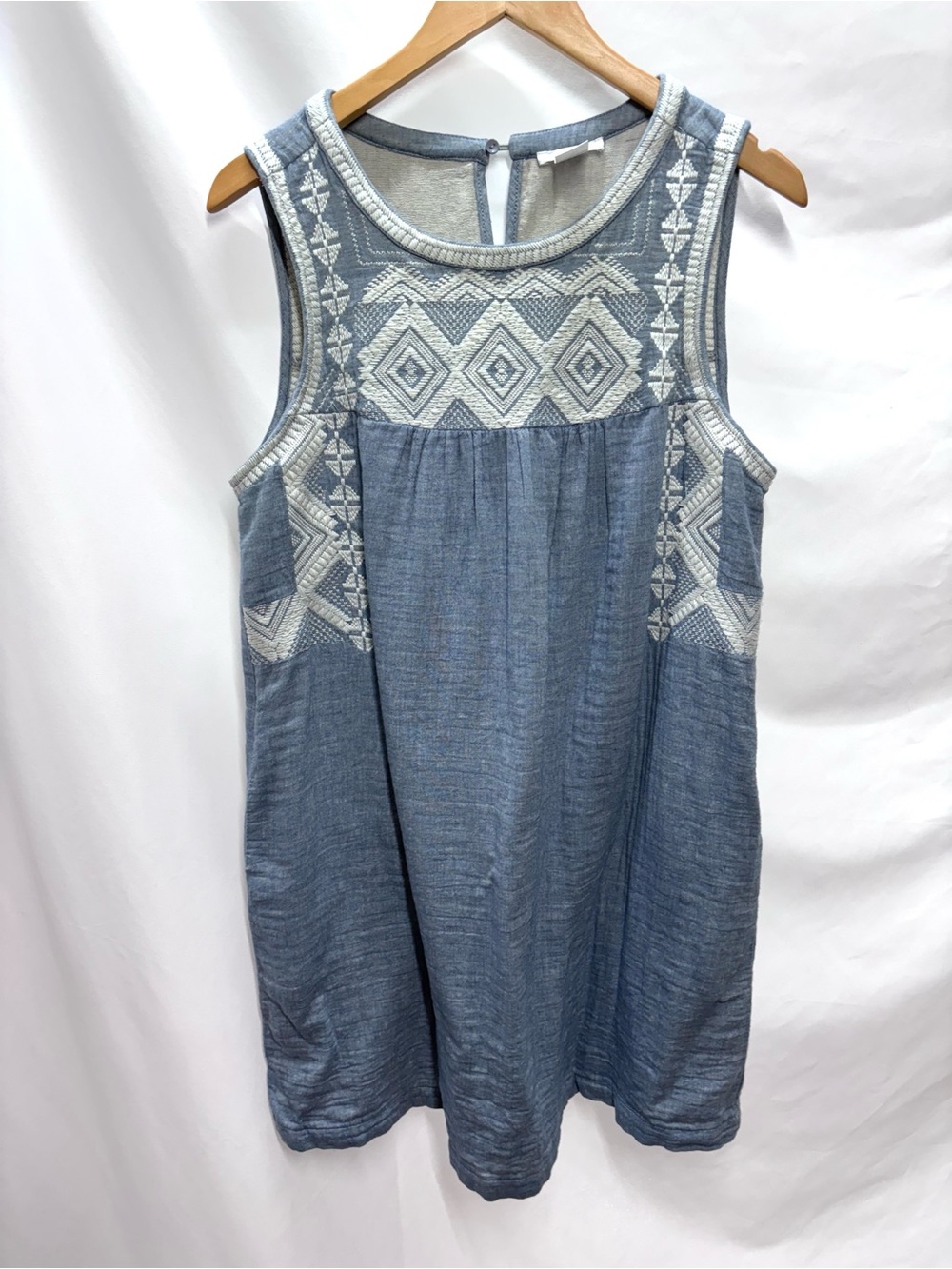 Esley Denim Western Cowgirl Aztec Sleeveless Blue Embroidered Shift Dress Large